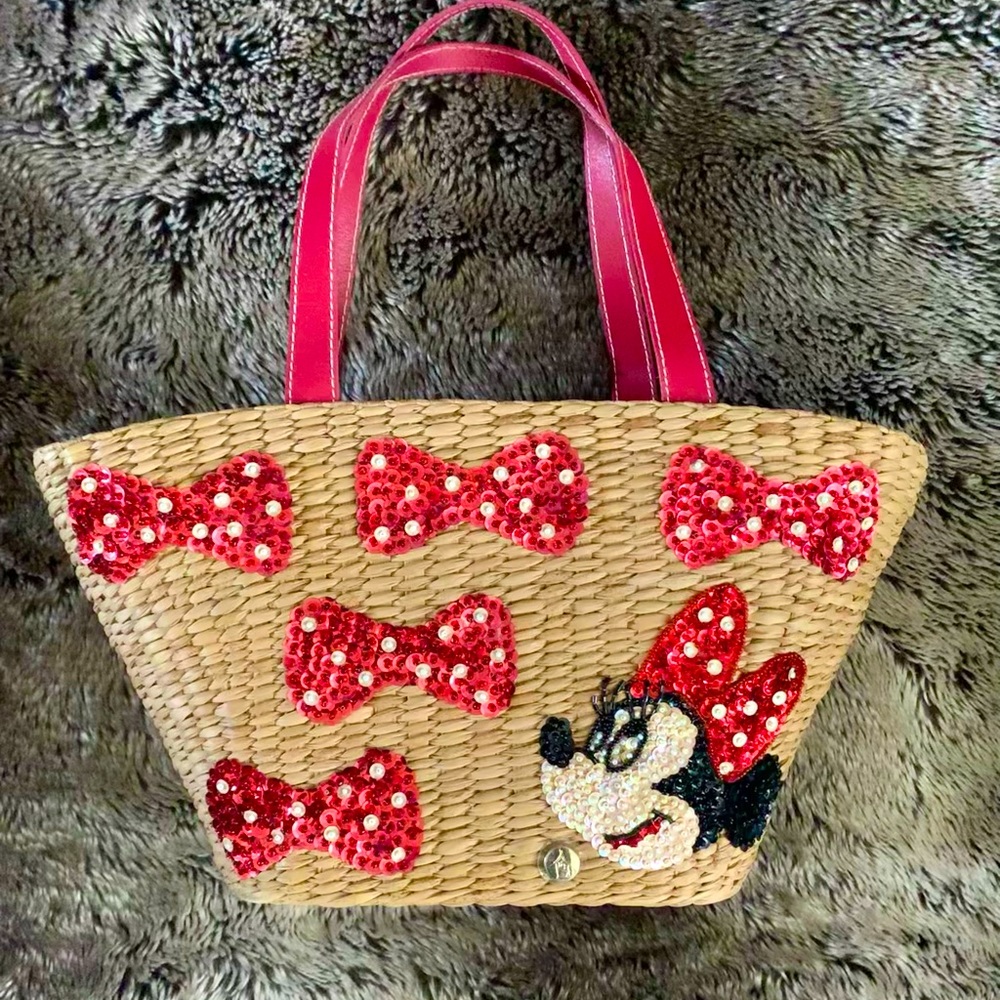Minnie Mouse straw and sequin tote handbag with drawstring top Disney world bag